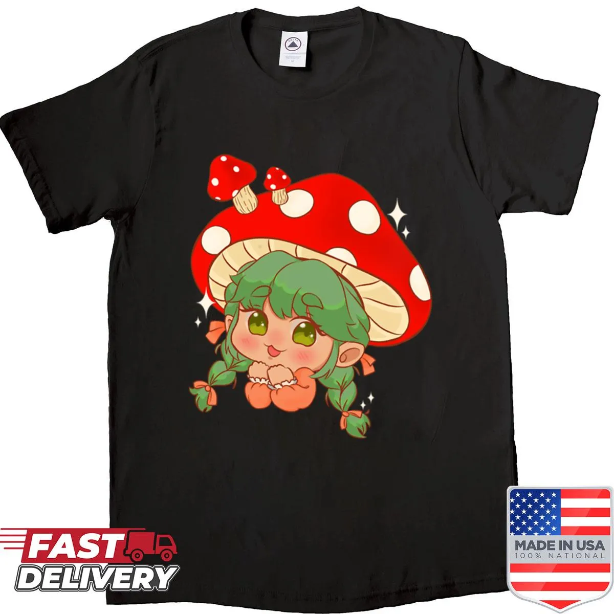 Cute shirt featuring a character surrounded by mushrooms.