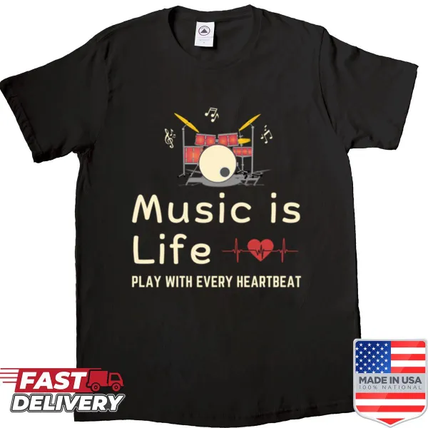 Shirt featuring 'Music Is Life' with rhythmic typography design