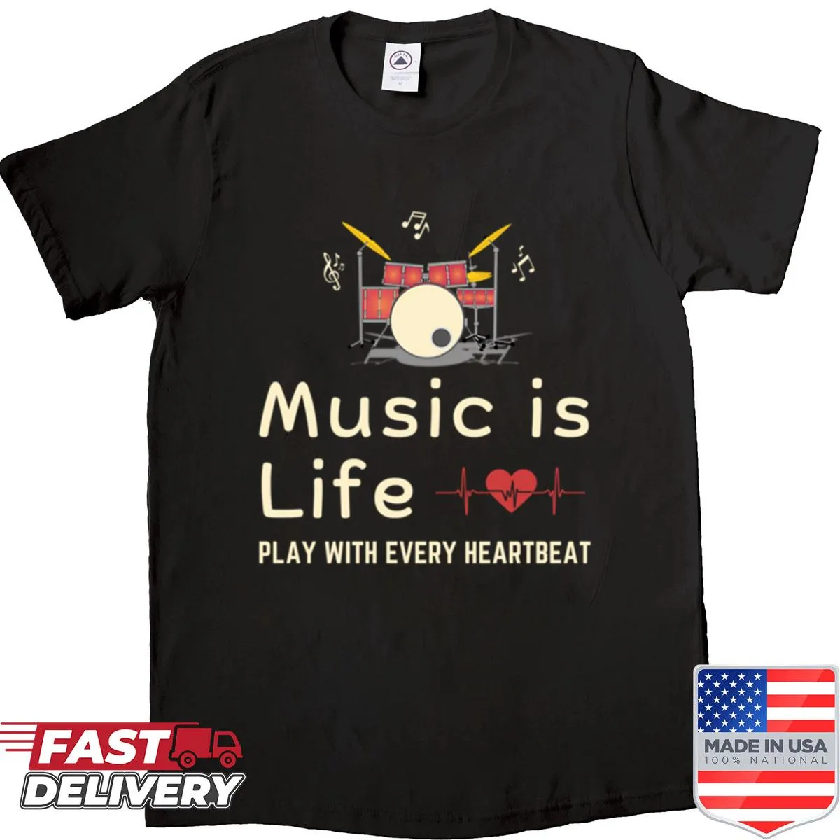 Shirt featuring 'Music Is Life' with rhythmic typography design