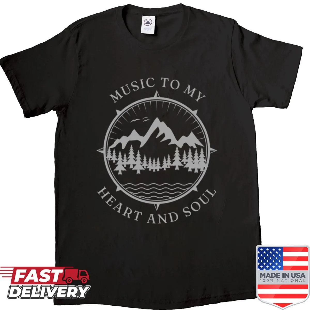 Typography shirt with the phrase 'Music To My Heart And Soul'
