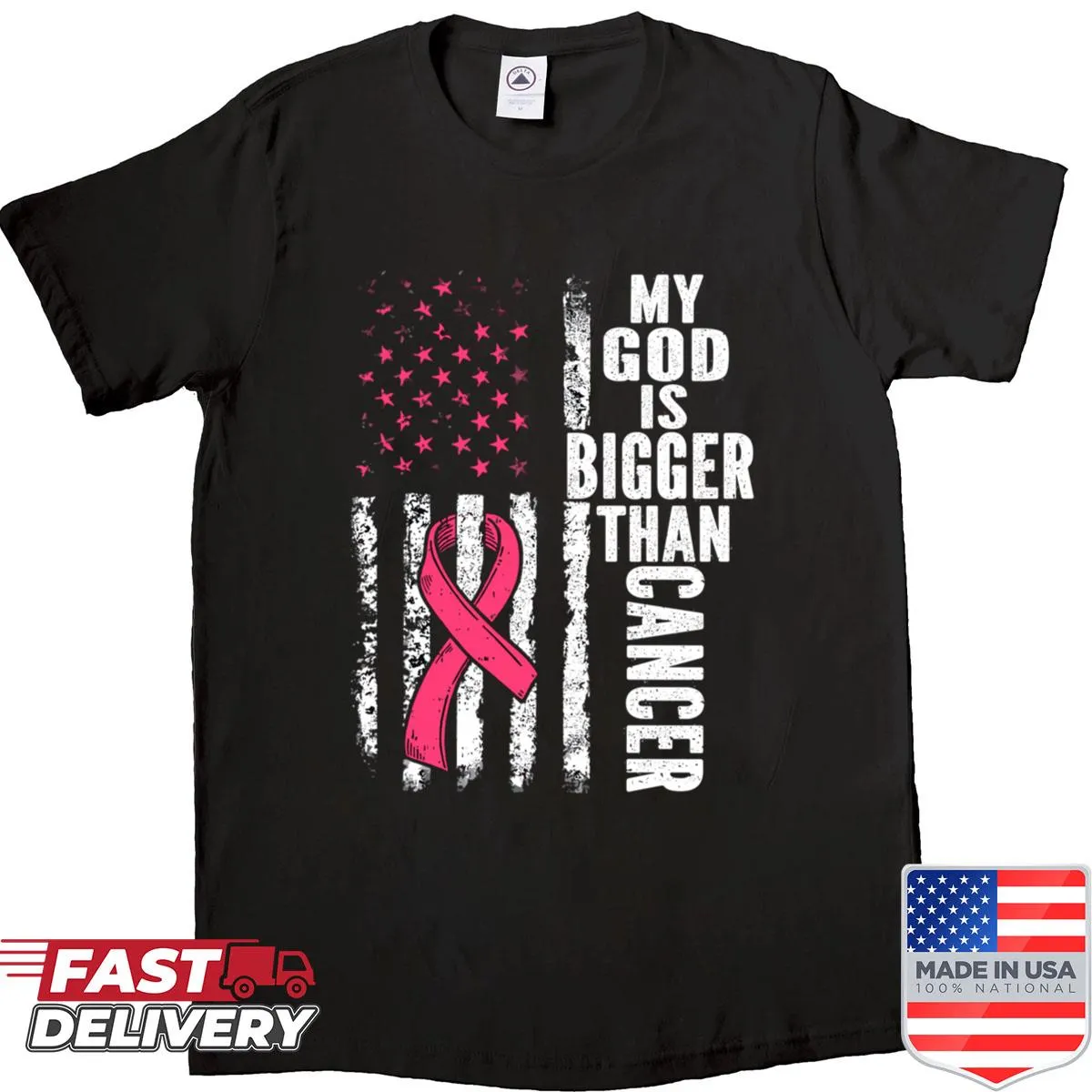 Sentimental shirt with the message 'My God Is Bigger Than Cancer' and a pink ribbon.