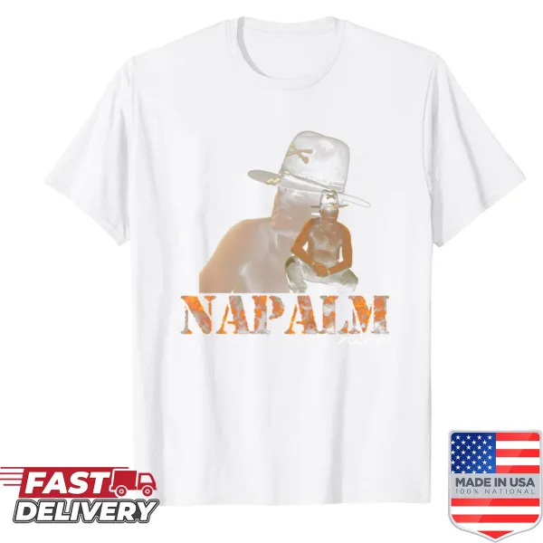 Edgy graphic t-shirt with the phrase 'Napalm Nice Apocalypse Now' prominently displayed.