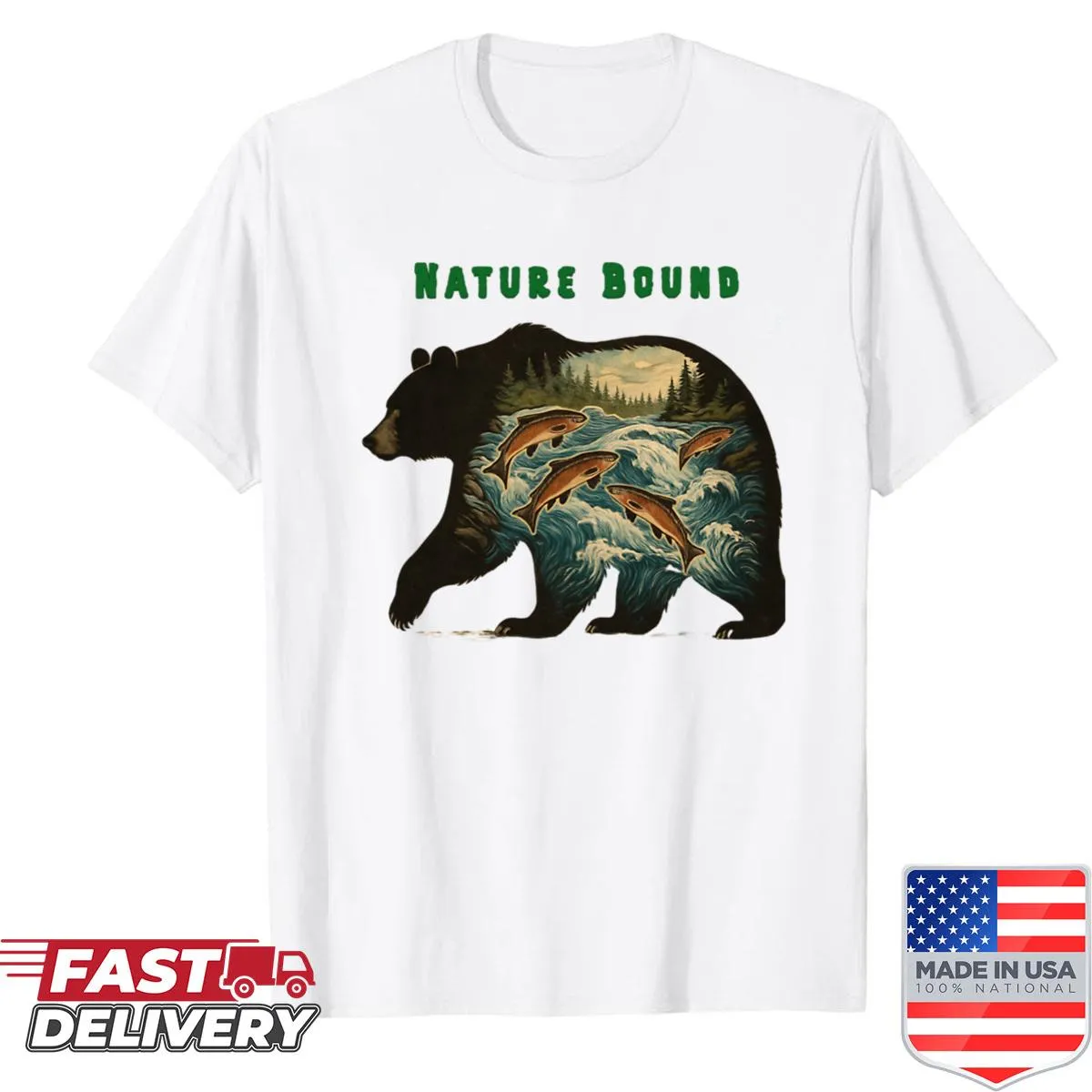 Vintage shirt with bear and salmon river scene illustration