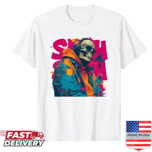 Neon skull DJ graphic on a street art inspired t-shirt