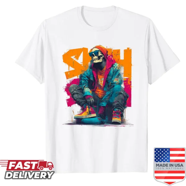 Crouching skull character shirt with graffiti elements and urban style