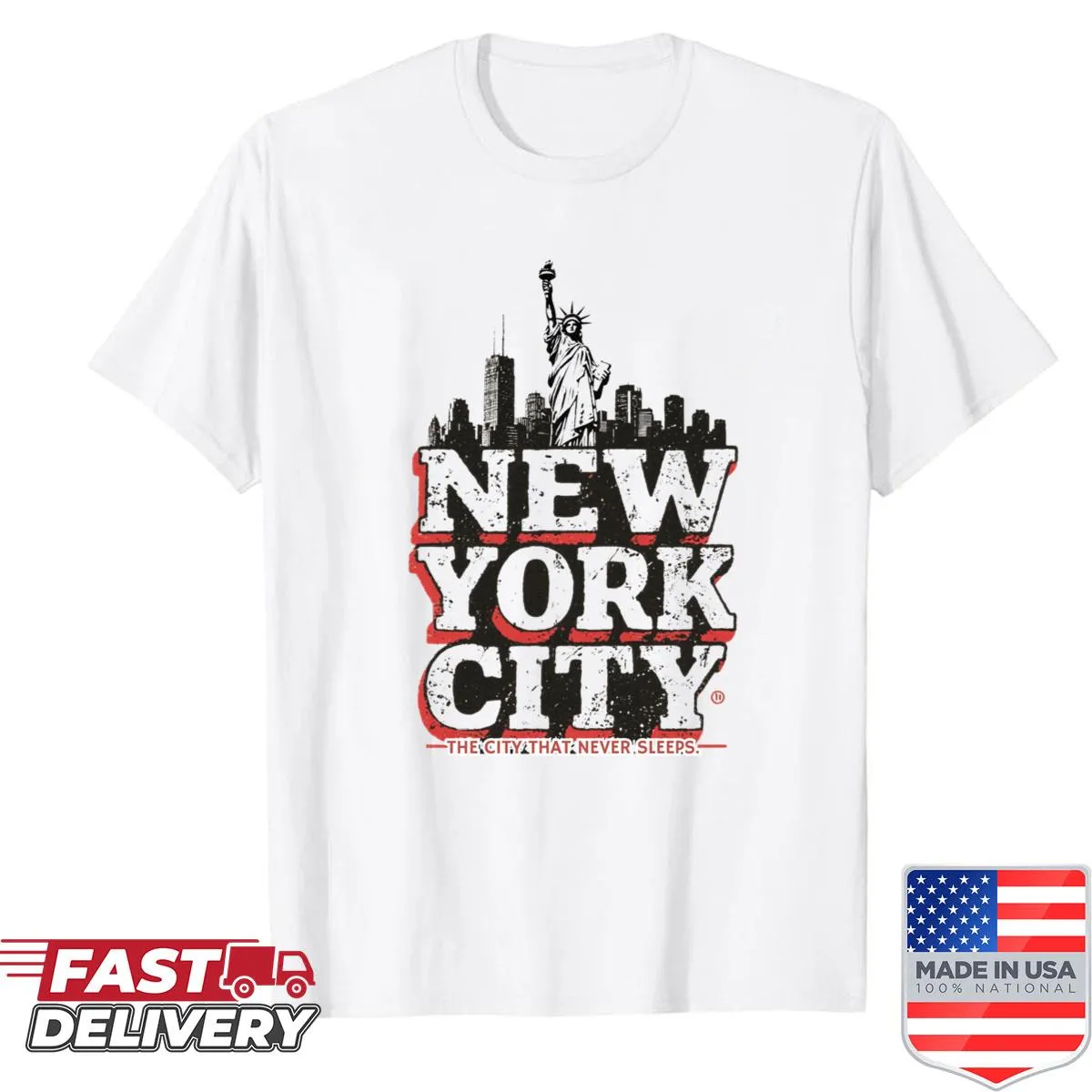 New York City skyline graphic on a t-shirt