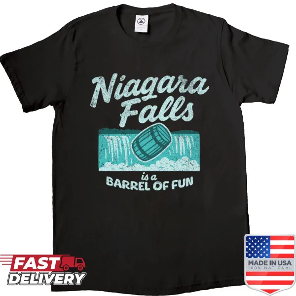 Niagara Falls themed t-shirt with waterfall and barrel illustration