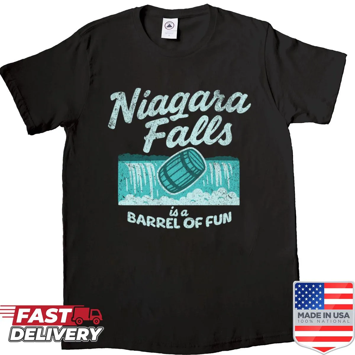 Niagara Falls themed t-shirt with waterfall and barrel illustration