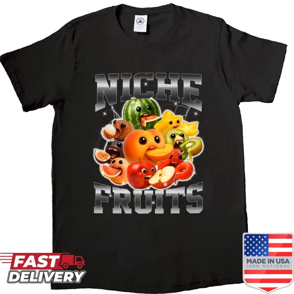 Humorous T-shirt featuring niche fruits and surreal graphics