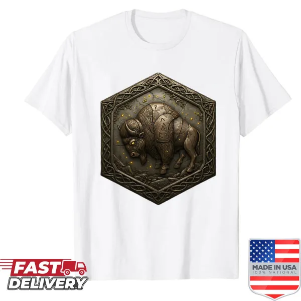 Bison design framed by a heraldic crest representing Norse Viking culture.