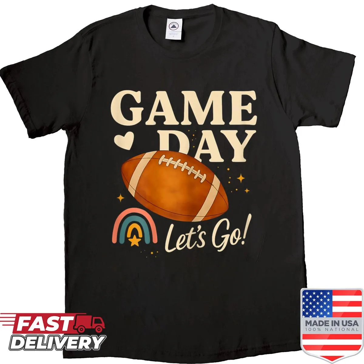 Boho rainbow football graphic on a women's shirt for game day