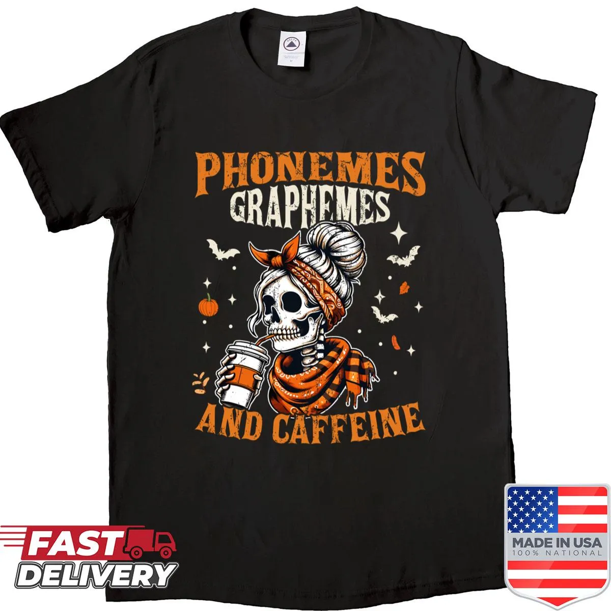 Funny teacher Halloween shirt with the phrase Phonemes Graphemes And Caffeine.