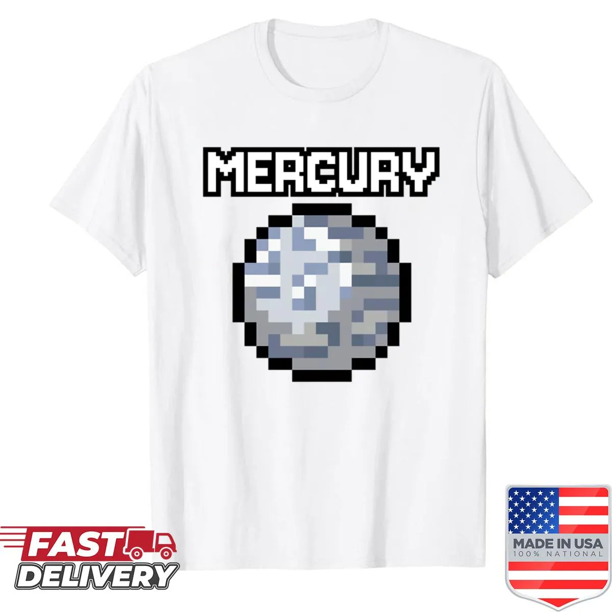 Retro pixel art design of the planet Mercury on a T-shirt