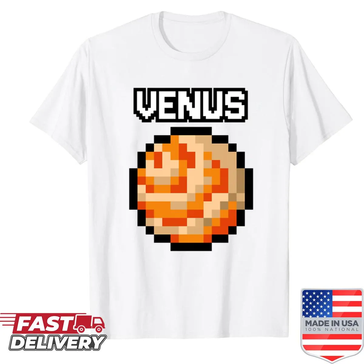 Pixel art depiction of Venus on a T-shirt, celebrating retro gaming style