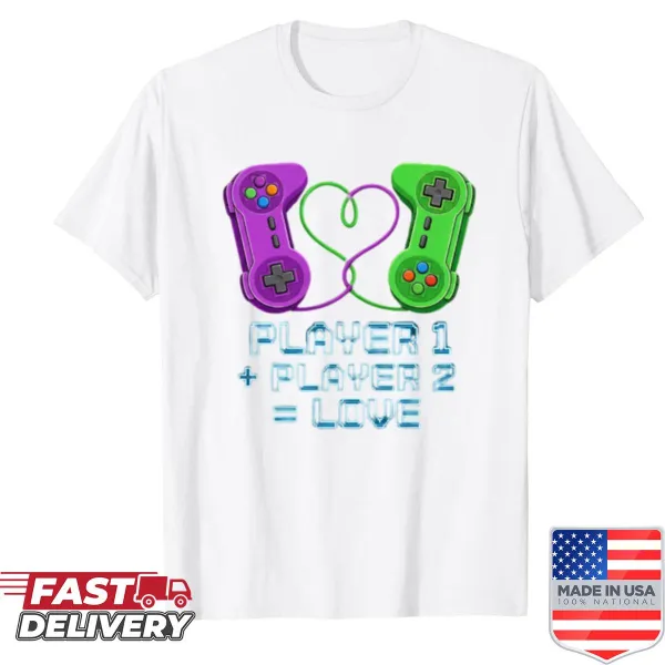 Cute gamer couple design t-shirt with 'Player 1' and 'Player 2' text.
