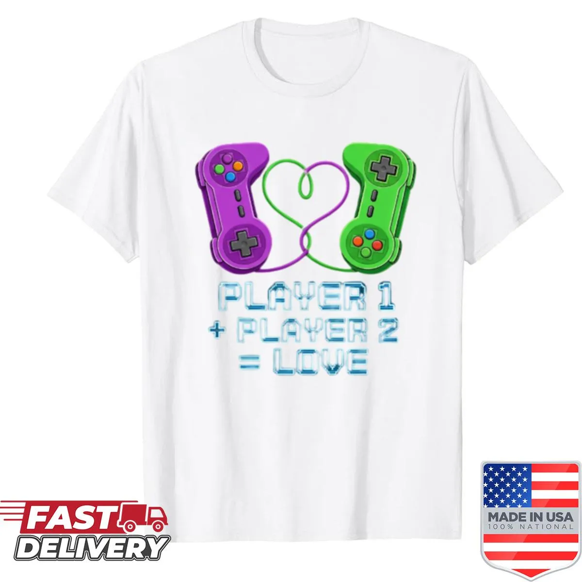 Cute gamer couple design t-shirt with 'Player 1' and 'Player 2' text.