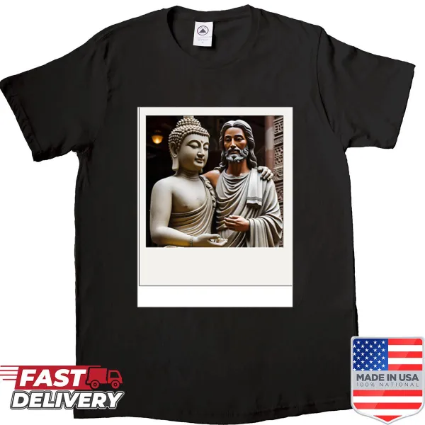 Graphic shirt featuring two deities in a polaroid frame.
