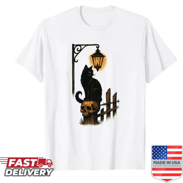Gothic t-shirt featuring a black cat on a fencepost under a lantern