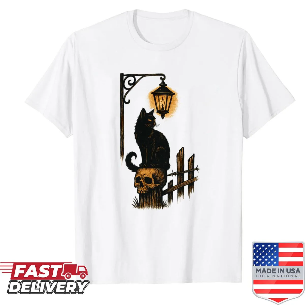 Gothic t-shirt featuring a black cat on a fencepost under a lantern