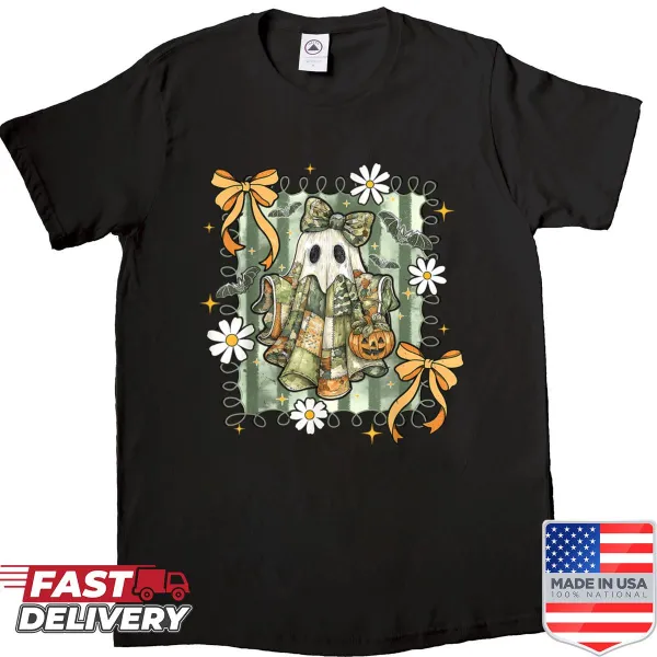 Cute ghost and camo patchwork design on Halloween shirt