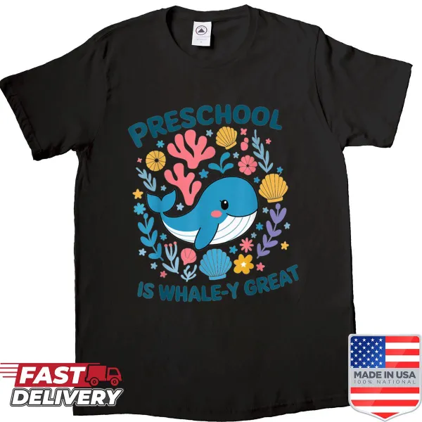 Illustration of a whale with text saying Preschool Is Whale-y Great