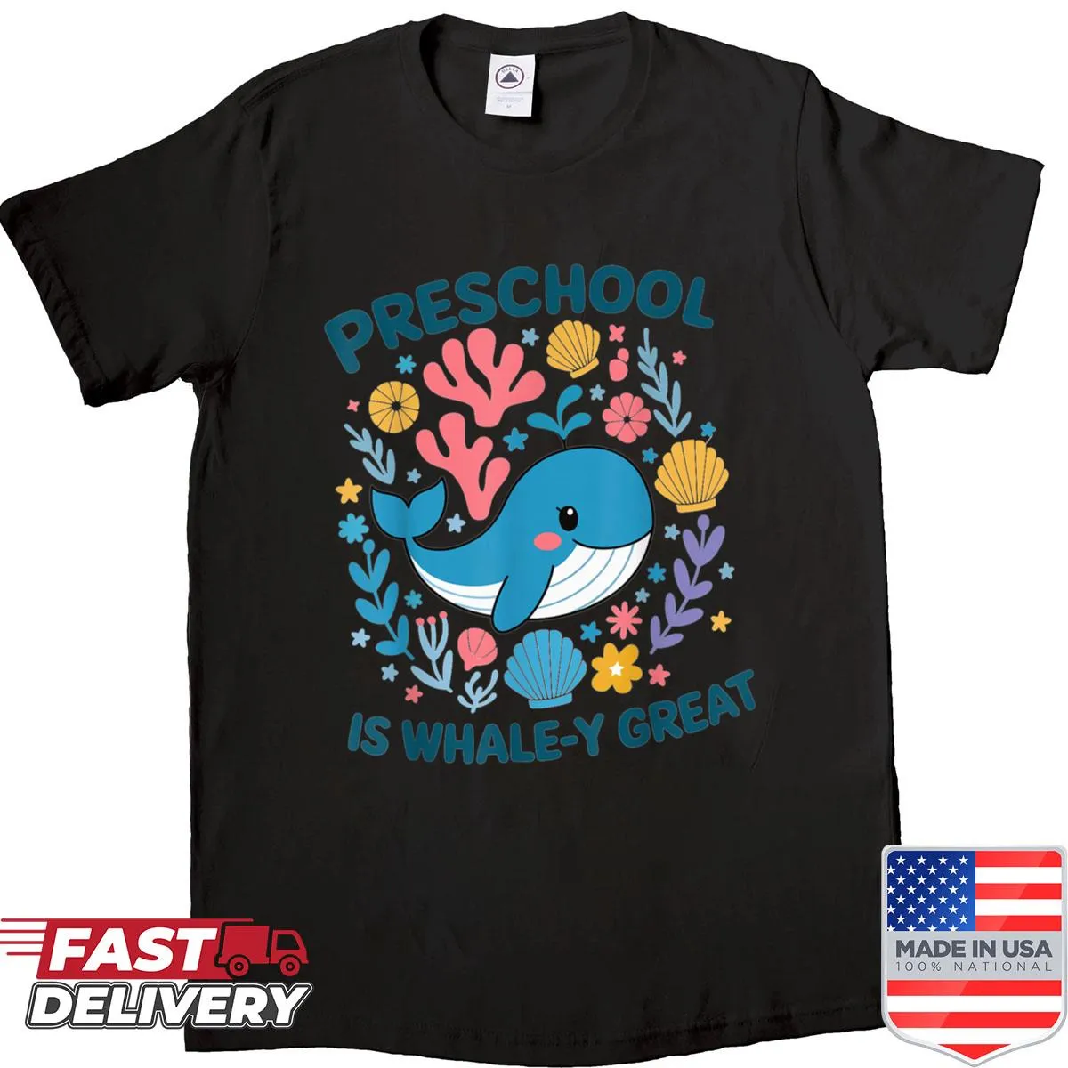 Illustration of a whale with text saying Preschool Is Whale-y Great