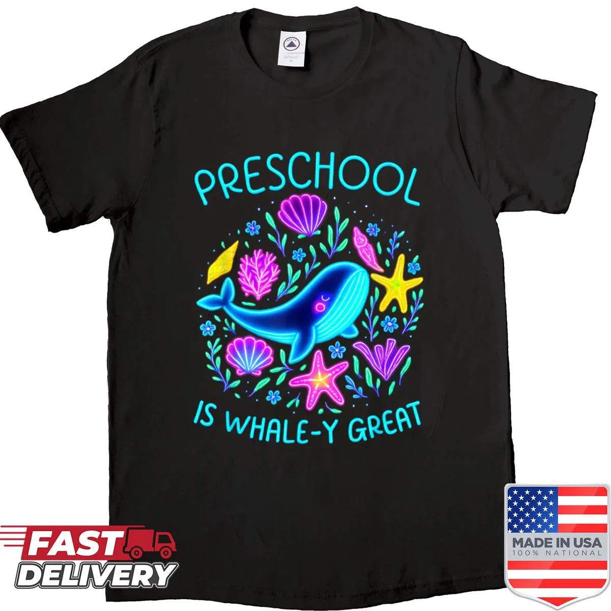 Whale-themed shirt celebrating the joys of preschool teaching.