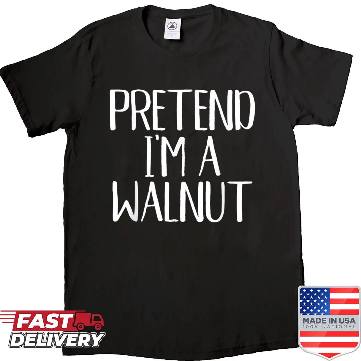 Cartoon walnut character with text 'Pretend I'm A Walnut' for Halloween