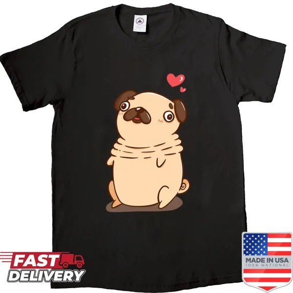 Cute pug graphic on shirt celebrating pug love