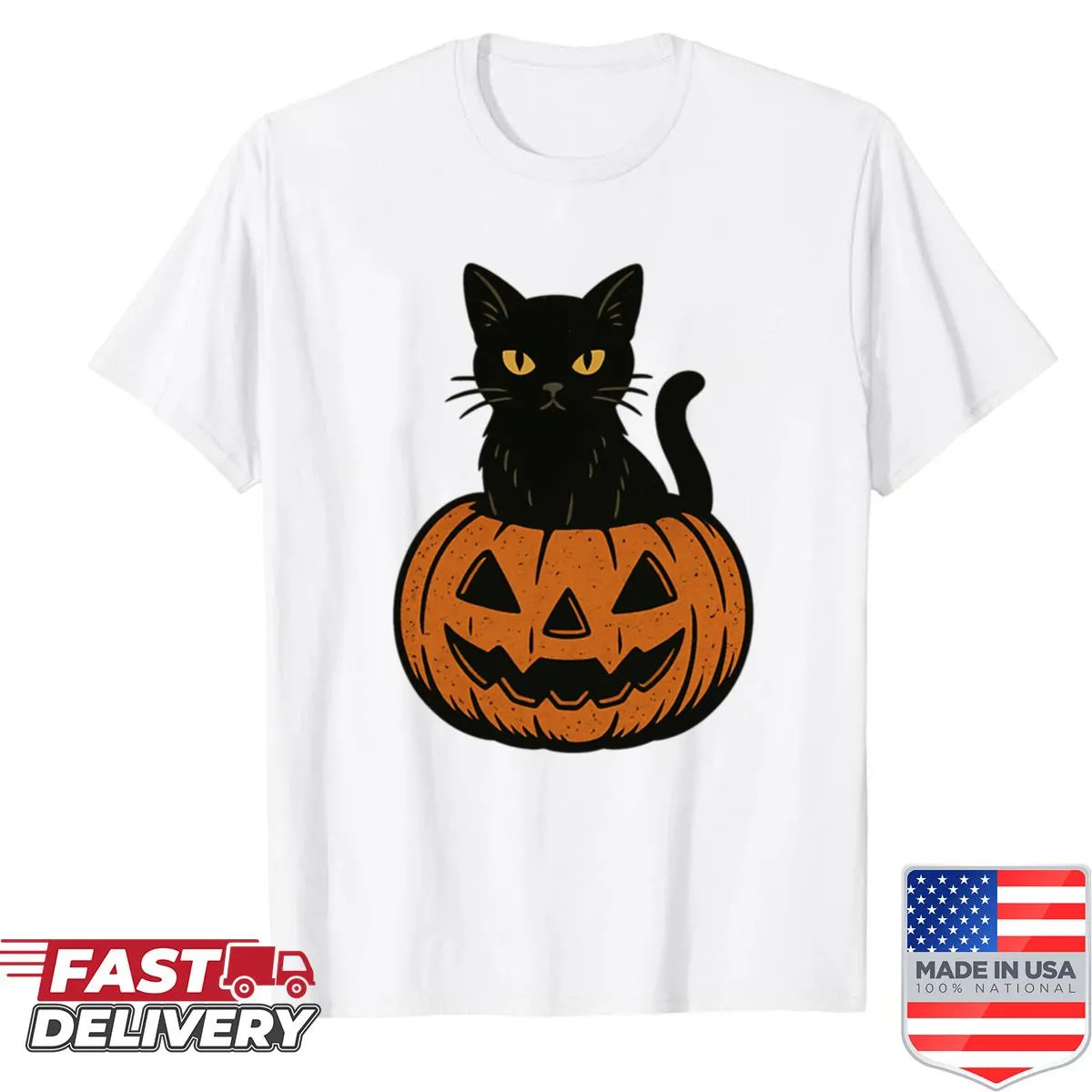 Adorable shirt with a black cat in a Jack-o-lantern illustration