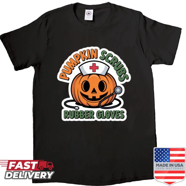 Halloween-themed nursing shirt with pumpkins and scrub design