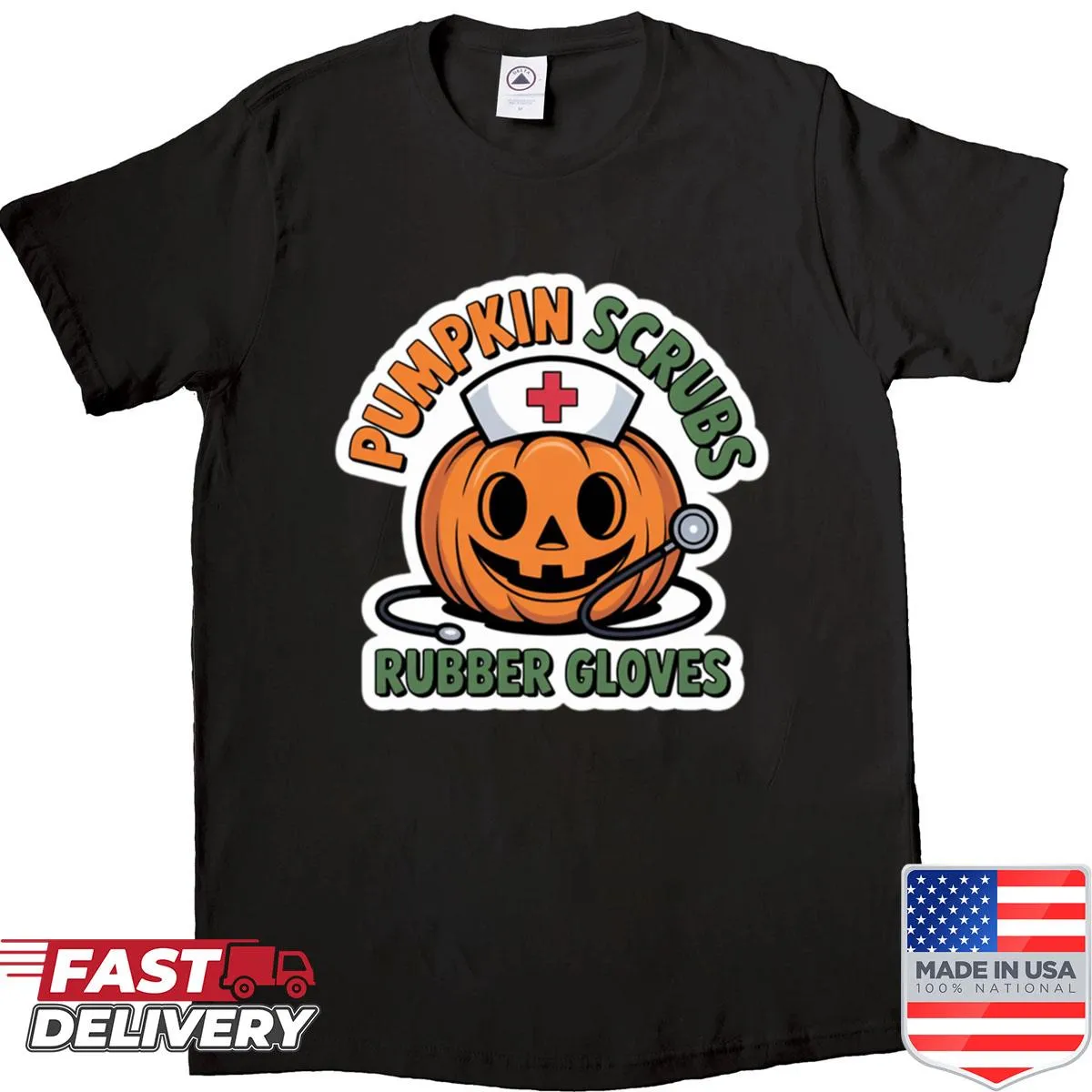 Halloween-themed nursing shirt with pumpkins and scrub design