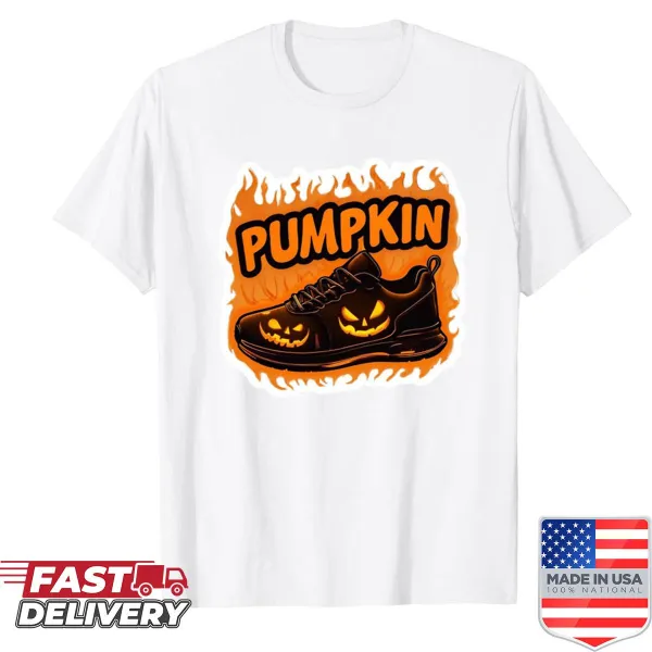 Whimsical Halloween shirt with a pumpkin wearing sneakers in a sticker style