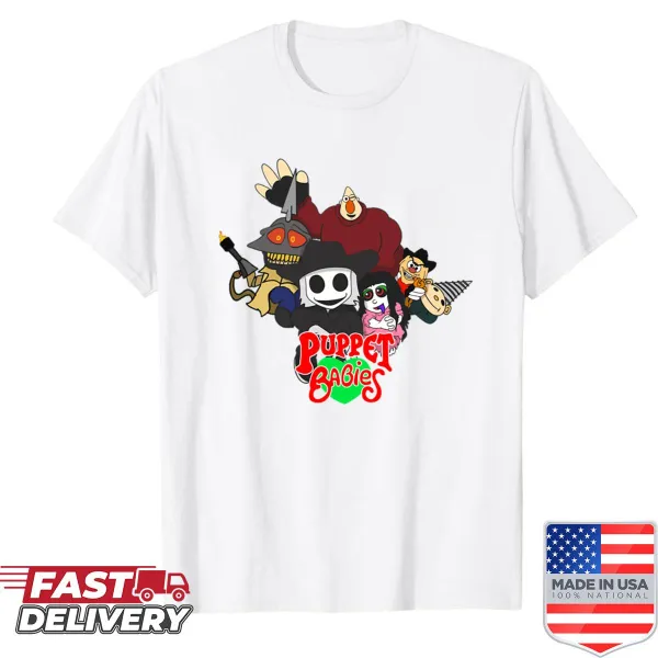 Cartoon-style shirt featuring puppet babies, perfect for nostalgic fans