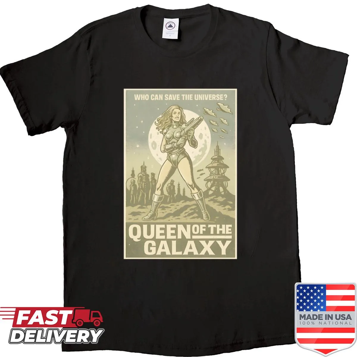 Retro sci-fi shirt featuring a female space heroine.