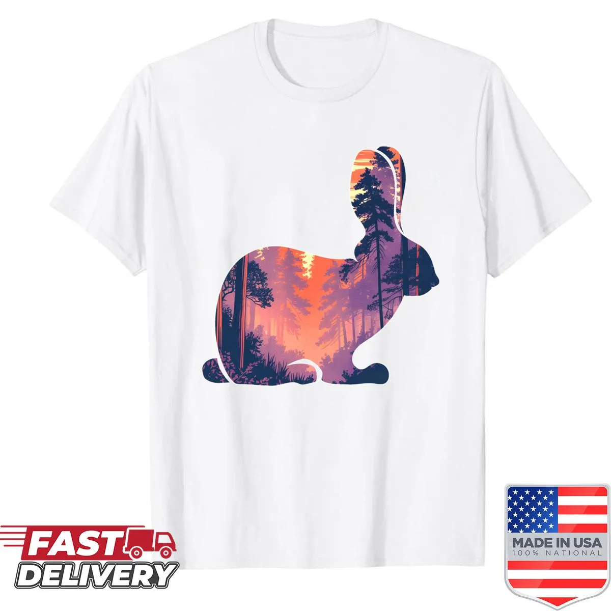 Vintage graphic shirt featuring rabbit hunting in forest