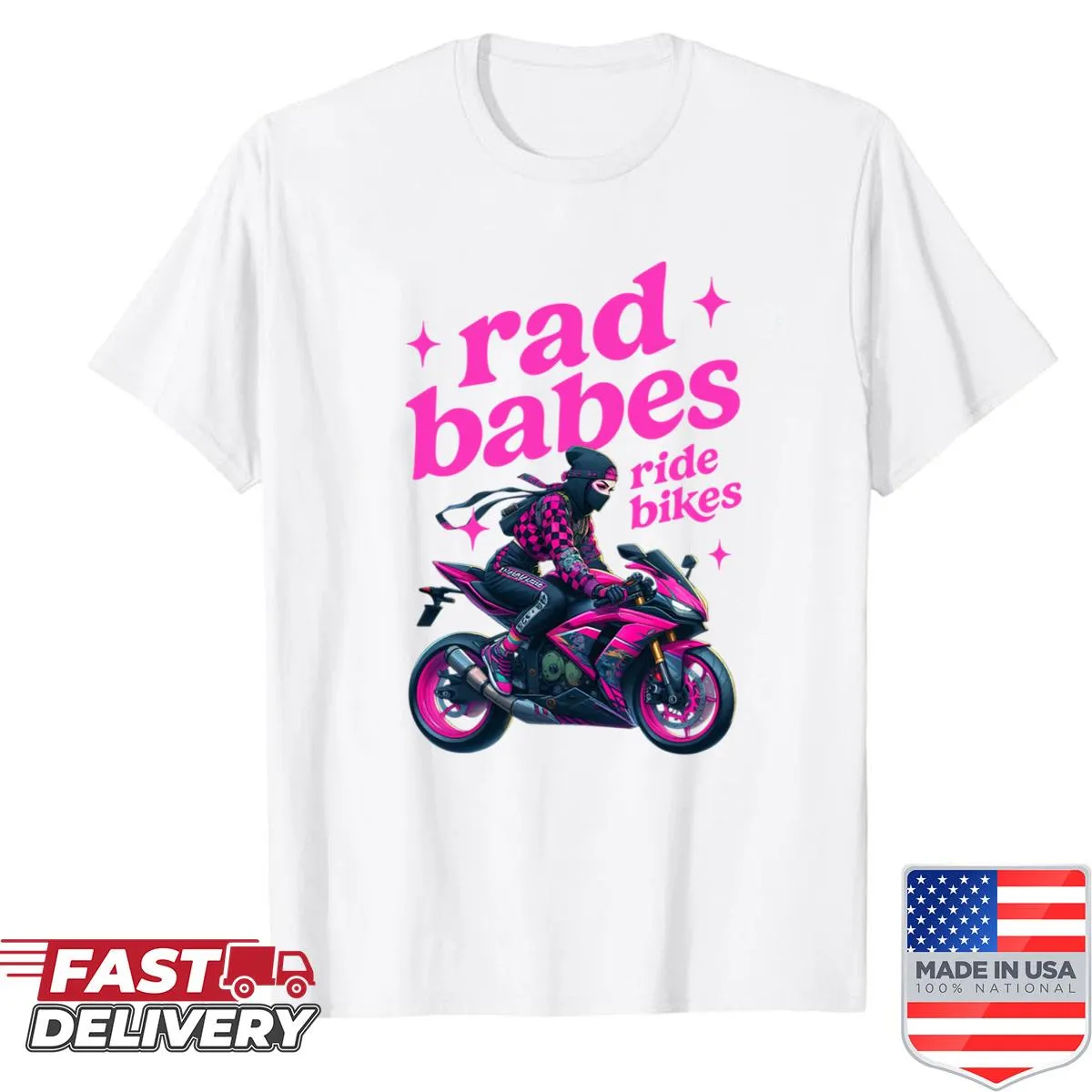 Text shirt with 'Rad Babes Ride Bikes' and motorcycle graphic