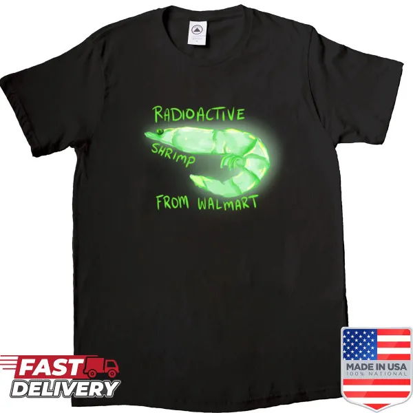 Cartoon graphic of a radioactive shrimp on a fun shirt