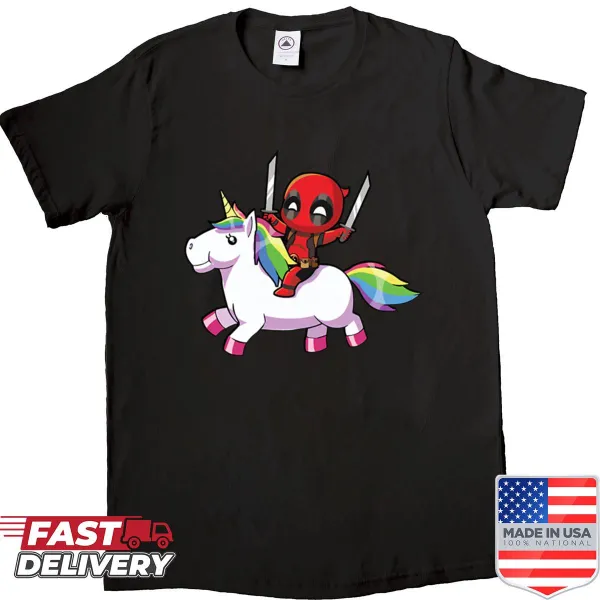 Playful shirt featuring a rainbow unicorn and Wade Wilson illustration.