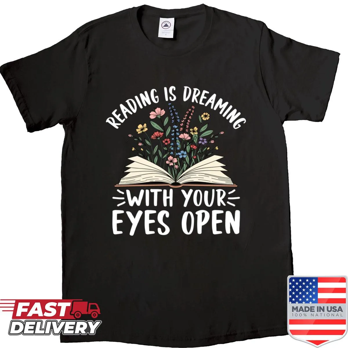 Hand-lettered quote 'Reading Is Dreaming With Your Eyes Open' on a shirt