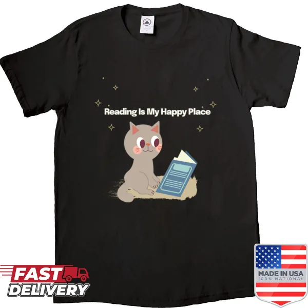 Text design reading 'Reading Is My Happy Place' on a shirt
