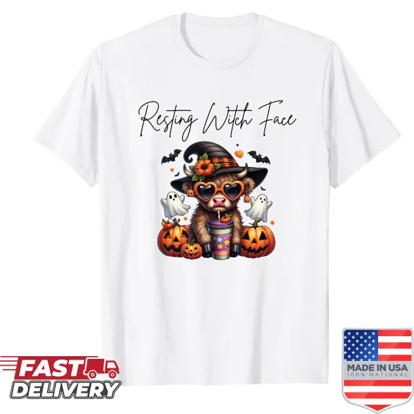 Cute Highland cow with 'Resting Witch Face' Halloween shirt