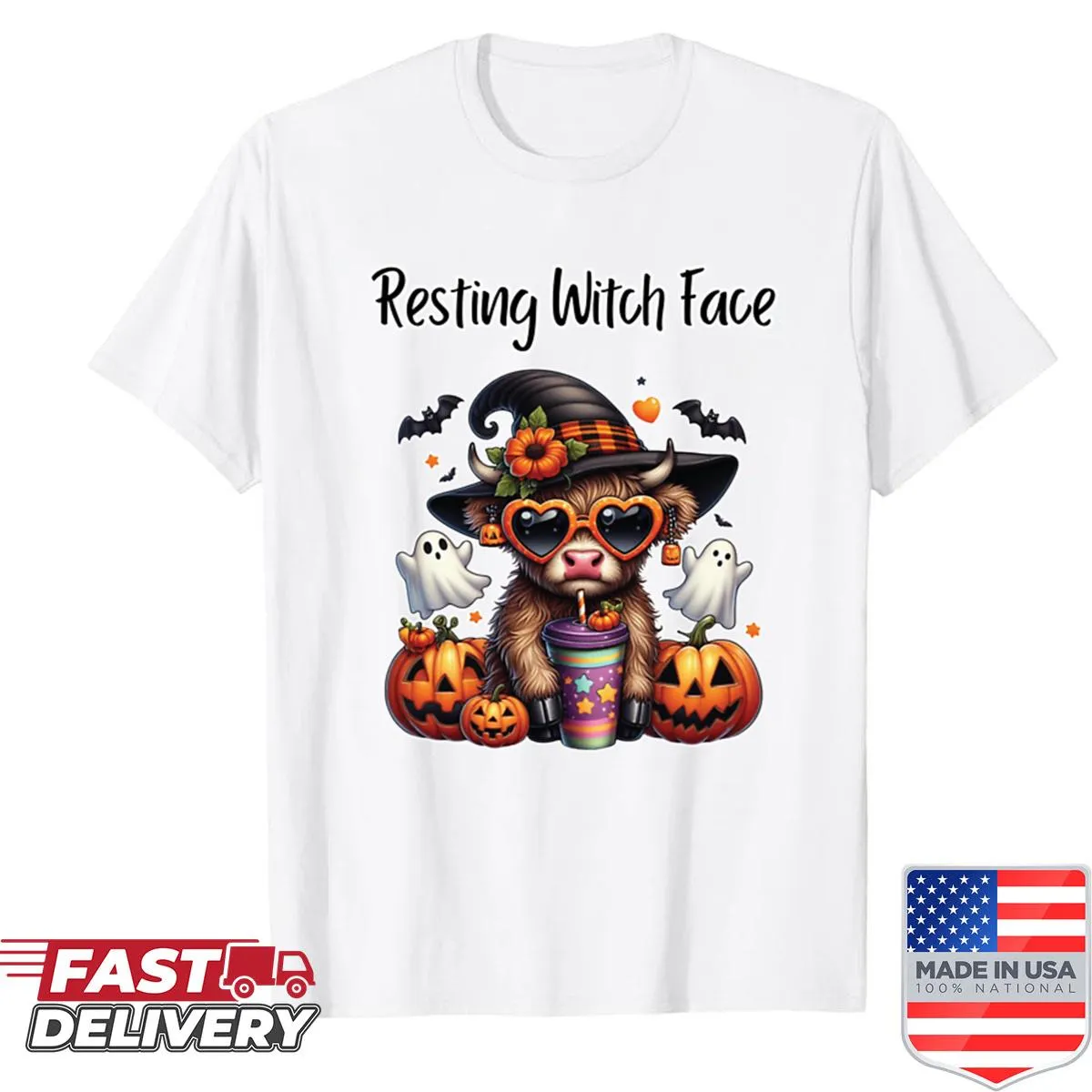 Cute Halloween shirt with a Highland cow and hand-lettered text