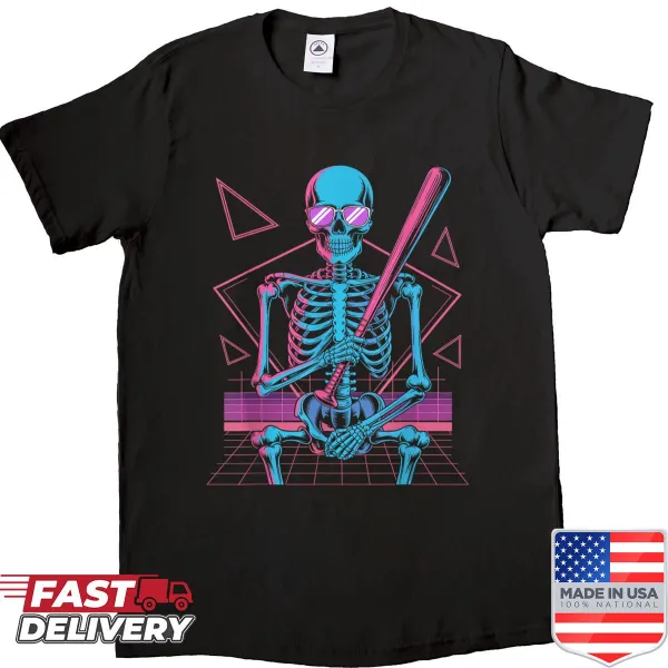 Retro 80s inspired shirt with a skeleton playing baseball graphic.