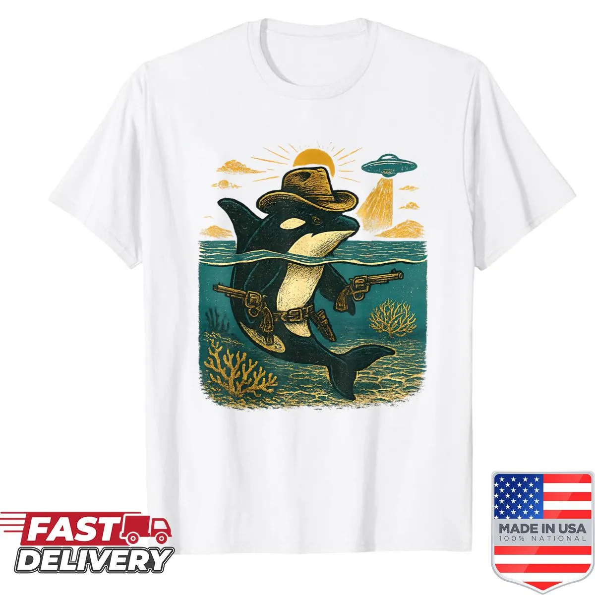 Retro design featuring a cowboy whale with UFO and orca for ocean lovers.