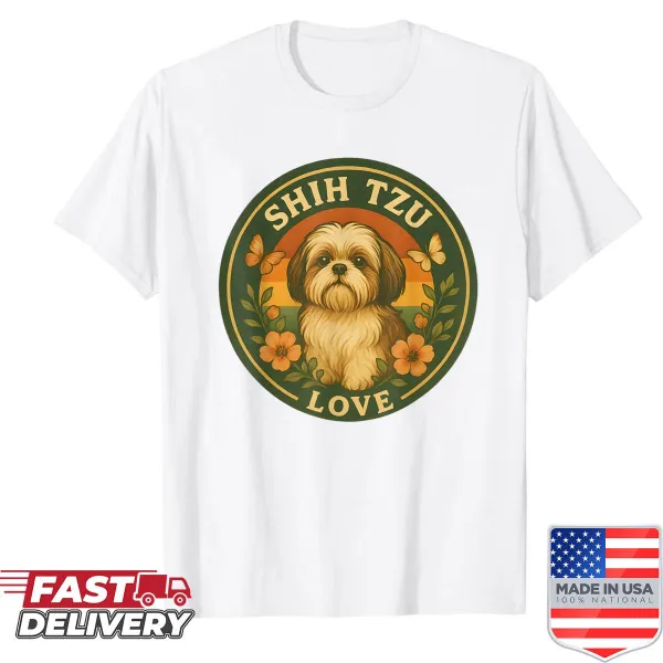 Retro floral badge design with a Shih Tzu and sunset theme