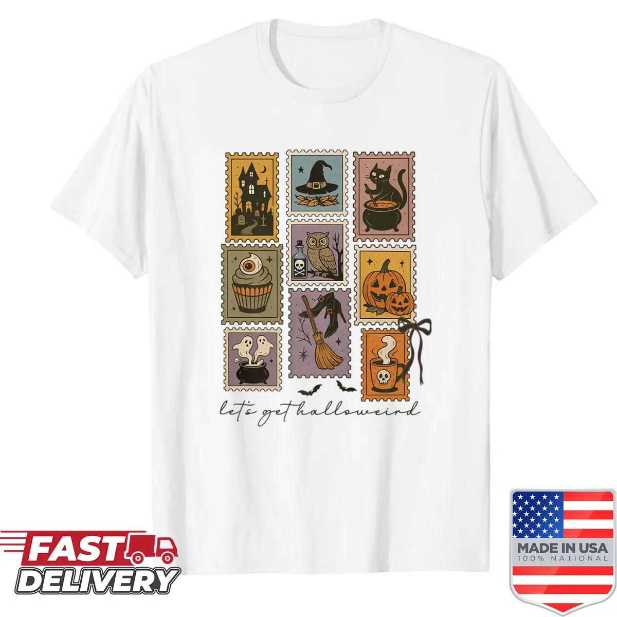 Retro Halloween shirt with haunted house, ghost, pumpkin, witch, and cat illustration