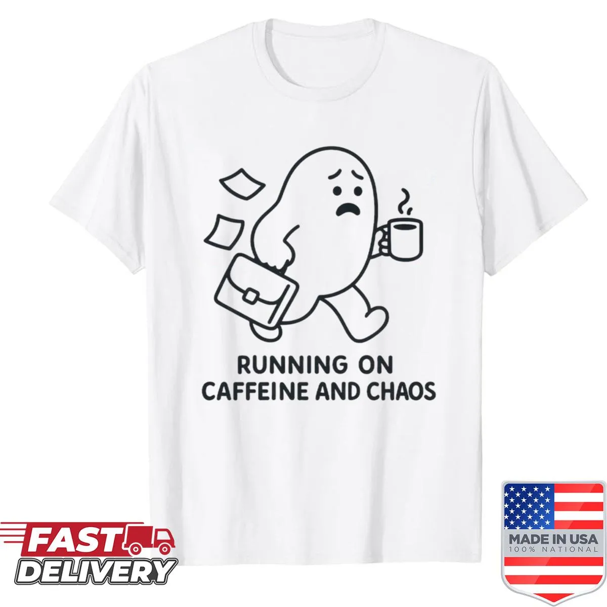 Minimalist blob graphic with 'Running On Caffeine And Chaos' text
