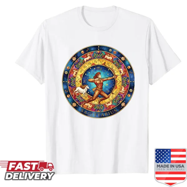 Intricate Sagittarius mandala design with cosmic astrology elements