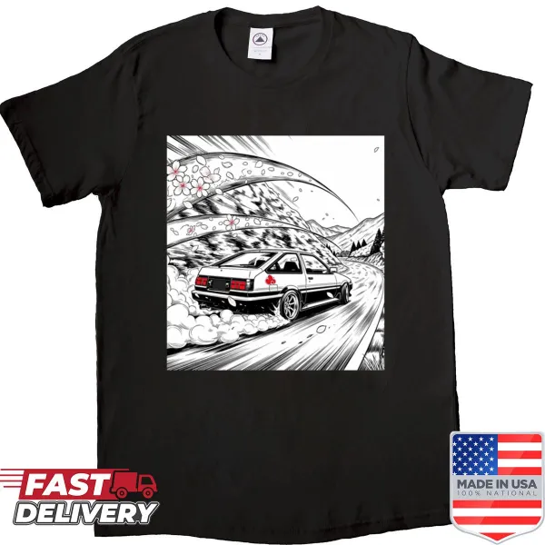 T-shirt featuring Sakura Speedlines graphic with whimsical design.